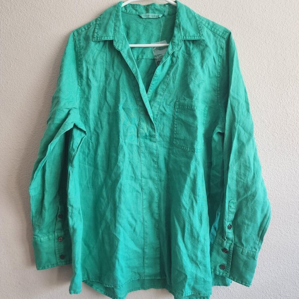 NWOT Soft Surroundings Shirt Womens Large Green 100% Linen Long Sleeve Pullover